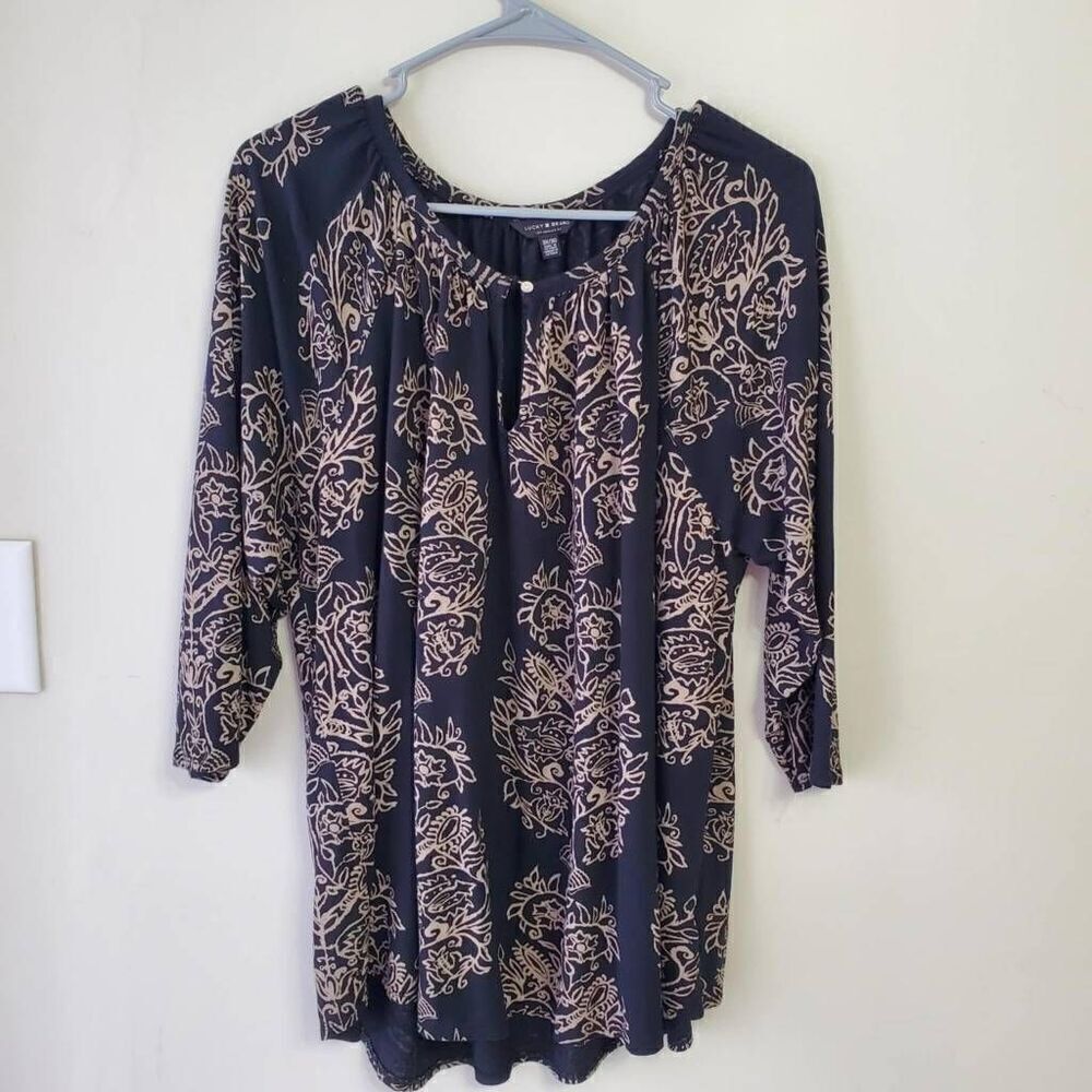 Lucky Brand Boho Tunic Womens SZ 3x Black Gold Filigree